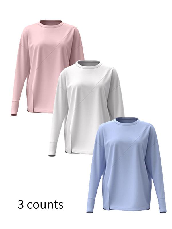 Women's Solid Round Neck Split Hem Long Sleeve Sports Tee, Sporty Crew Neck T-Shirt for Yoga Gym Workout Running, Ladies Sportswear for Fall & Winter