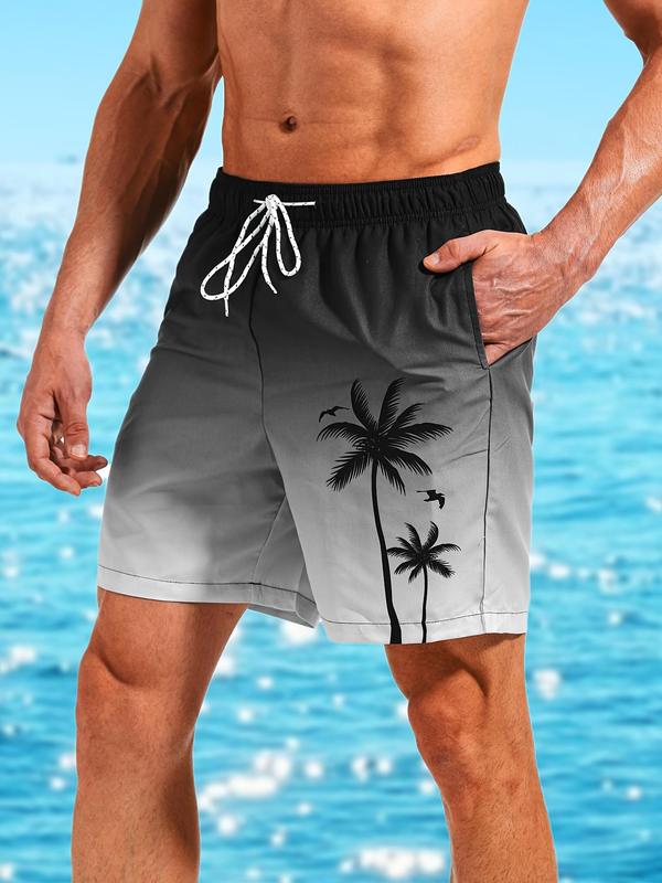 Men Swim Trunks Regular Fit Ombre Coconut Tree Print Drawstring Waist Beach Shorts, Casual Pocket Beach Gym Shorts, Summer Beach Shorts for Men