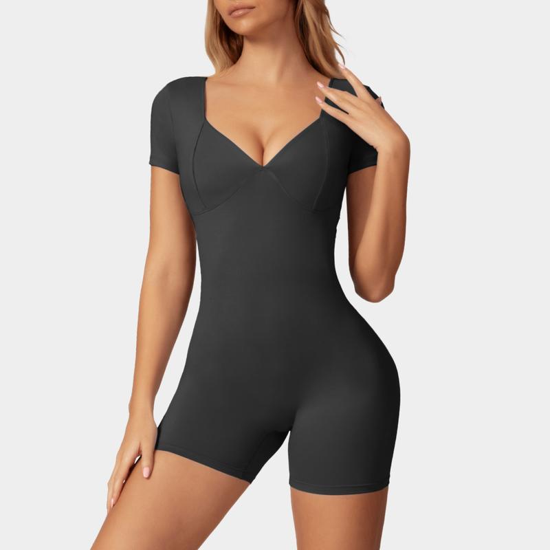 OEAK V Neck Short Sleeve Jumpsuit Women Yoga Rompers Workout Sexy V Waist Scrunch Tummy Control Bodycon Scrunch Butt Yoga Romper