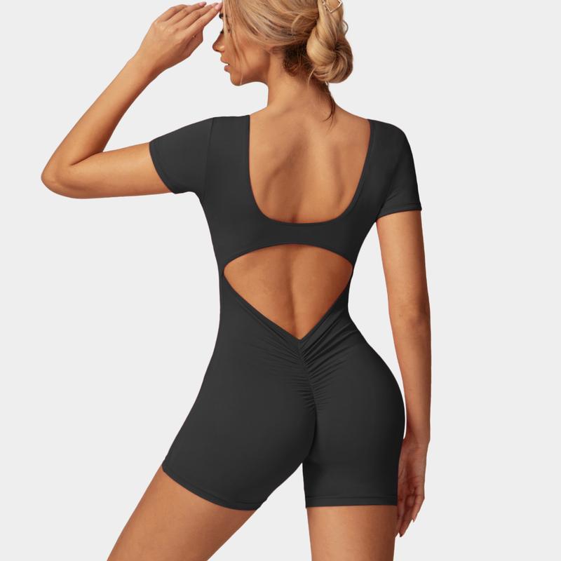 OEAK V Neck Short Sleeve Jumpsuit Women Yoga Rompers Workout Sexy V Waist Scrunch Tummy Control Bodycon Scrunch Butt Yoga Romper