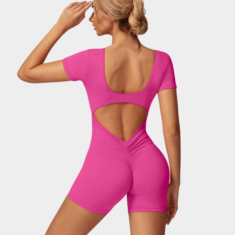 OEAK V Neck Short Sleeve Jumpsuit Women Yoga Rompers Workout Sexy V Waist Scrunch Tummy Control Bodycon Scrunch Butt Yoga Romper