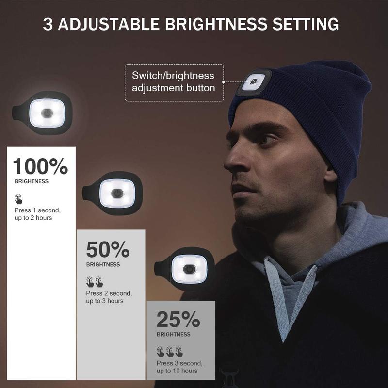 LED Beanie Hat with Light, USB Rechargeable Headlamp Winter Knitted Cap, Sports & Outdoor Hats for Men