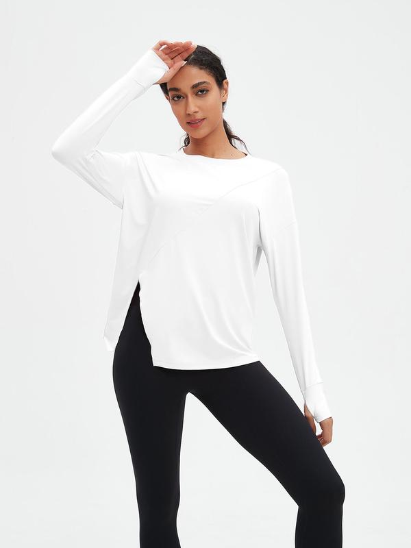 Women's Solid Round Neck Split Hem Long Sleeve Sports Tee, Sporty Crew Neck T-Shirt for Yoga Gym Workout Running, Ladies Sportswear for Fall & Winter