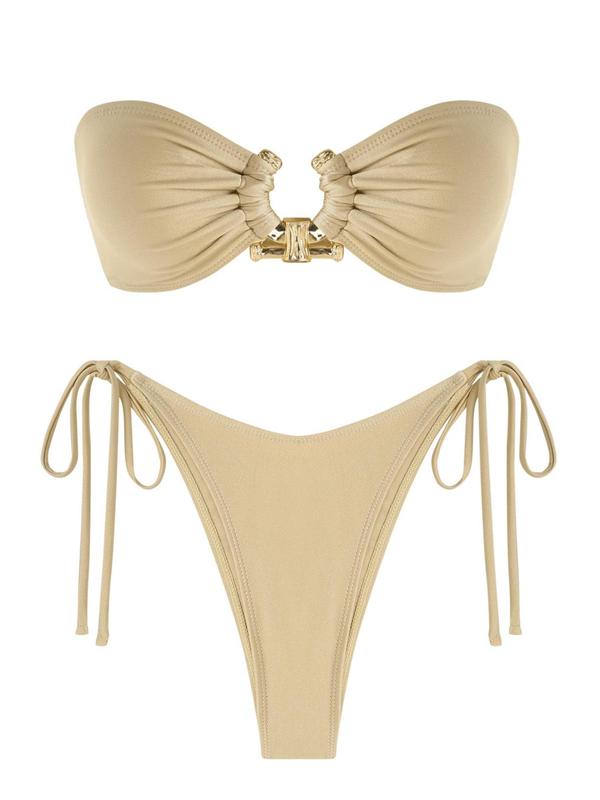 Two-Piece Set Women's Plain Ruched U Shape Ring Linked Bikinis Set, Casual Fashion Chic Padded Bandeau Swim Bra & Tie Side Swim Panty for Beach Holiday Vacation, Bathing Suits Women, Swimsuit for Women, Ladies Summer Clothes