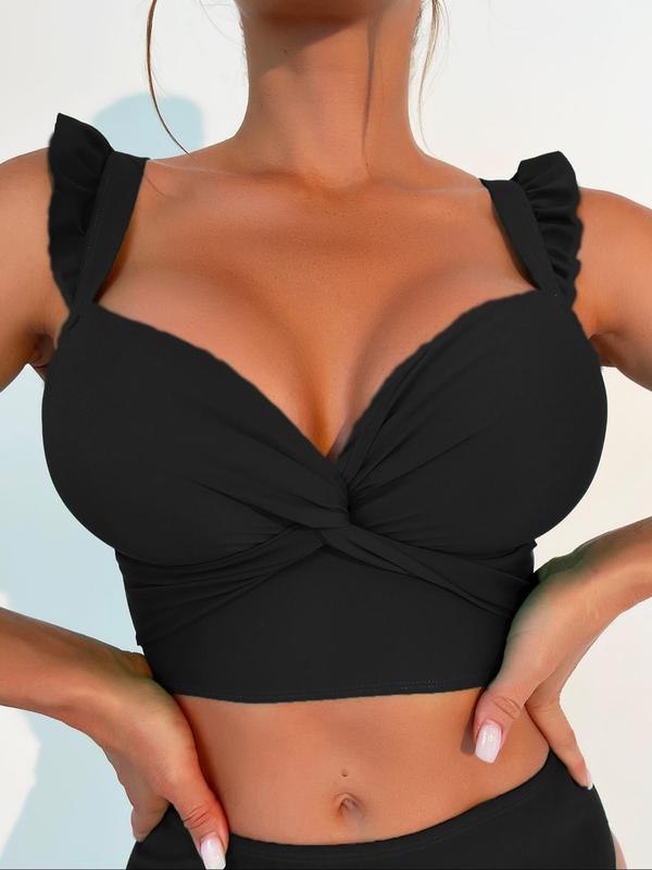 Two-Piece Set Women's Twist Ruffle Bikinis Set, Solid Push Up Bikini Top & High Waist Bikini Bottom, Ladies Swimwear for Summer Beach Holiday Vacation