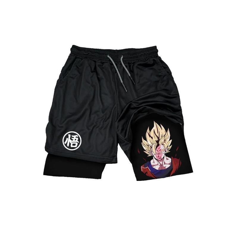 Men Shorts Anime Graphic Gym Shorts 2-in-1 Men Gym Shorts Summer Double Layer Sports Shorts with Inner Pocket Men Training Running Clothes