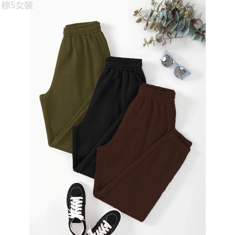 3-Pack Solid Color Jogger Sweatpants - Elastic Waist, Micro Elasticity, Pocket Details, Polyester Fabric, Versatile for Spring & Fall - Womens Casual Clothing for Teen Womenswear Bottom Comfort Basic