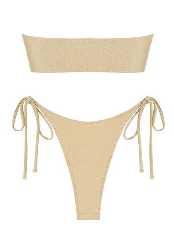 Two-Piece Set Women's Plain Ruched U Shape Ring Linked Bikinis Set, Casual Fashion Chic Padded Bandeau Swim Bra & Tie Side Swim Panty for Beach Holiday Vacation, Bathing Suits Women, Swimsuit for Women, Ladies Summer Clothes