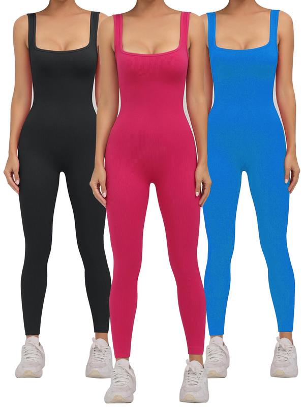 Women's Plain Square Neck Sports Jumpsuit, Sporty Casual Sleeveless Jumpsuit, Summer Outfits 2024, Ladies Sportswear for Yoga Gym Workout