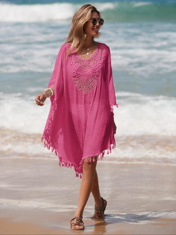 Women's Plain Fringe Trim Hollow Out Sheer Cover Up, Summer Clothes Women, Casual Batwing Sleeve V Neck Cover Up, Lady Swimwear for Beach Holiday