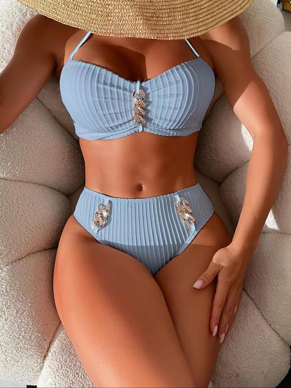 Two-Piece Set Women's Rhinestone Chain Decor Textured Bikini Sets, Swimsuit for Women, Bathing Suits Women, Halter Wireless Swim Bra & Swim Panty, Bathing Suits Women, Ladies Swimwear for Summer Beach Holiday Vacation