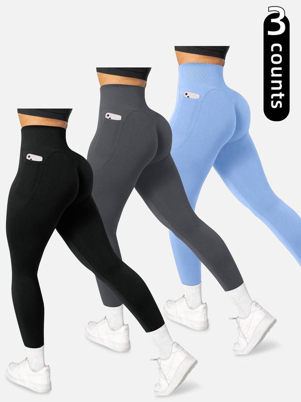 Women's Solid High Waist Pocket Sports Leggings, Sporty Comfy Breathable Skinny Pants for Yoga Gym Workout, Ladies Sportswear for All Seasons, Tummy Control