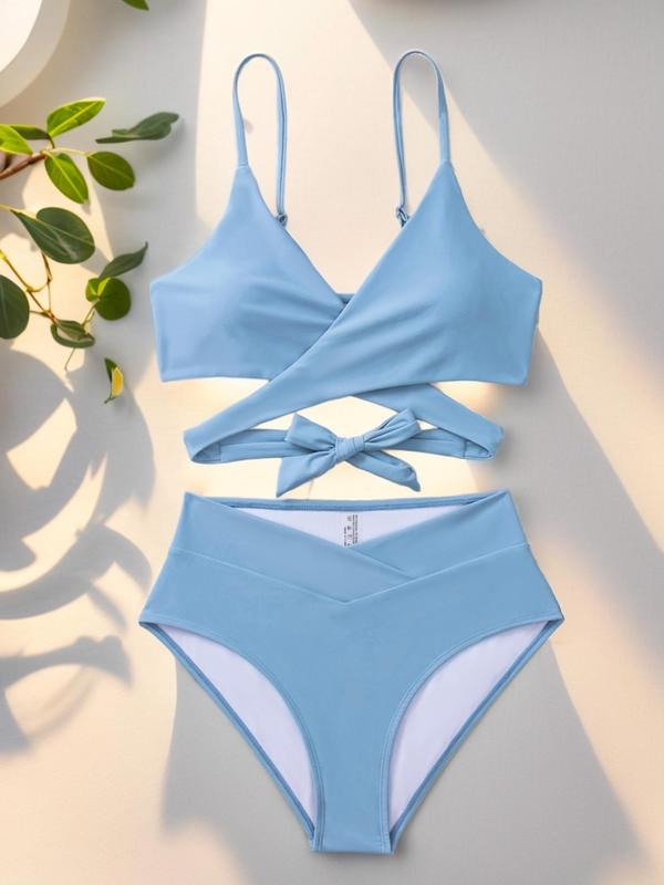 Two Pieces Women's Criss Cross Swim Top & High Waist Swim Bottom Bikini Sets, Bathing Suits 2024, Elegant Wrapped Swim Top & High Cut Swim Bottom Tummy Control Swimwear, Back-to-school Clothing, Swimsuit for Women, Summer Swimwear, Minimalistic Outfit