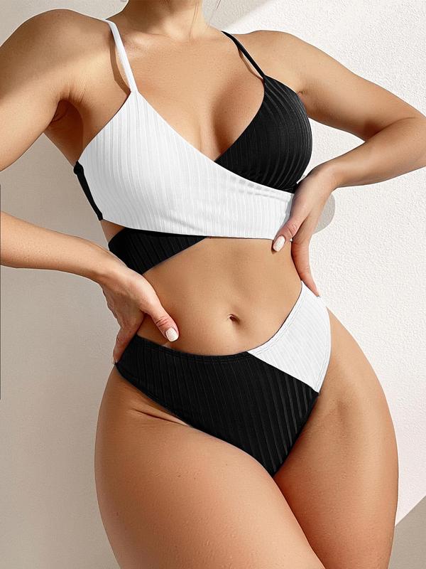 Women's Colorblock Criss Cross Tie Back Bikini Set, Casual Adjustable Strap Wireless Swim Top & High Cut Ruched Swim Bottom, Ladies Summer Swimwear for Beach Holiday Vacation