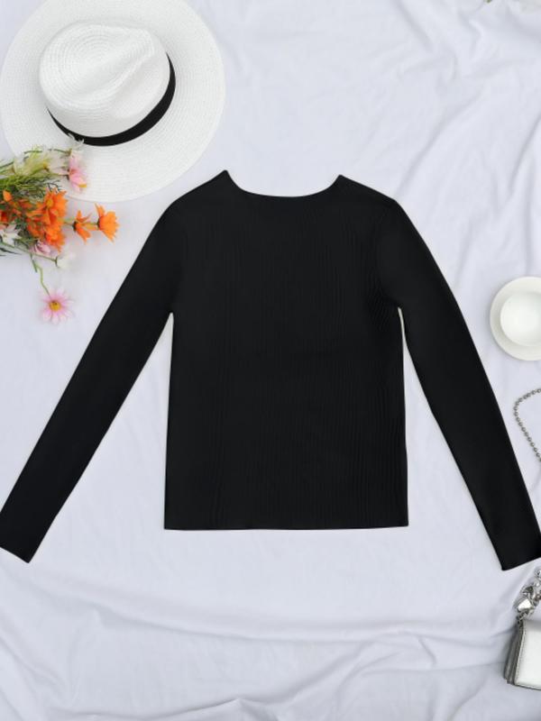 Women's Solid Round Neck Sports Tee, Long Sleeve Crew Neck T-shirt for Daily Outdoor Wear, Ladies Sportswear for All Seasons