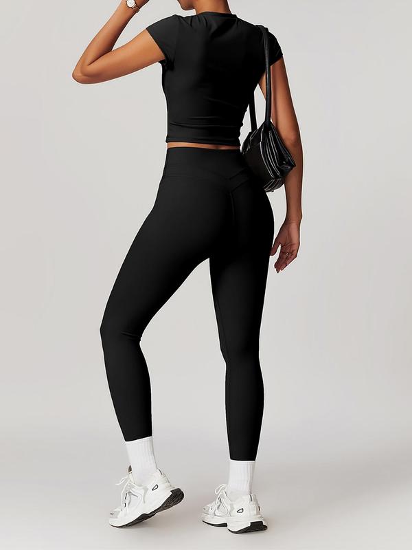 Two-Piece Set Women's Solid Round Neck Crop Top & High Waist Leggings Tracksuit Set, Gym Sets for Women, Sporty Breathable Comfy Outfits for Yoga Gym Workout Running, Ladies Sportswear, Jogging Suit Set