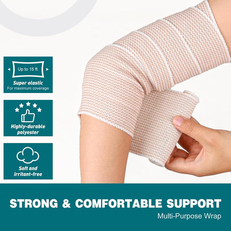 4 in Premium 15 Pack Elastic Bandage Wrap, Lymphedema Wraps for Legs, Ankle, Knee, Tummy, Body Wrap, Compression Leg Wraps, Latex-