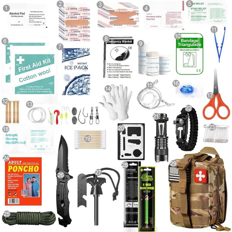 Survival Kits, 174Pcs Survival Gear First Aid Kit IFAK with Molle System Essential Camping Gear Emergency Medical Supplies for Car Fishing Hunting Outdoor Adventure