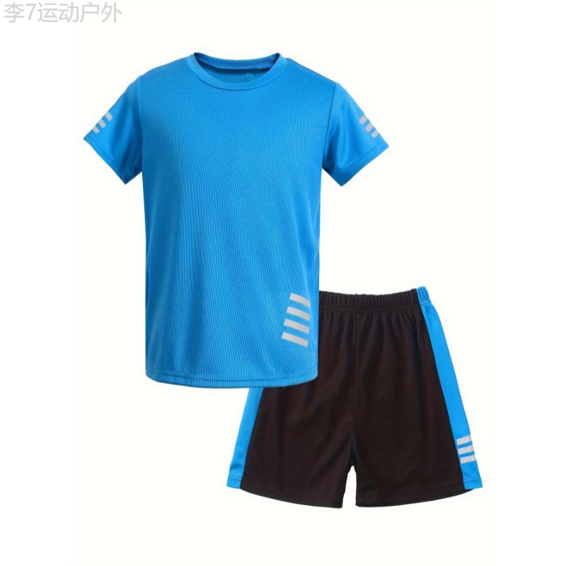 2pcs Boys Breathable Sports Jersey Outdoor Set, Casual Quick-drying Short Sleeve T-shirt&Shorts, Boys Basketball Football Clothing For Summer