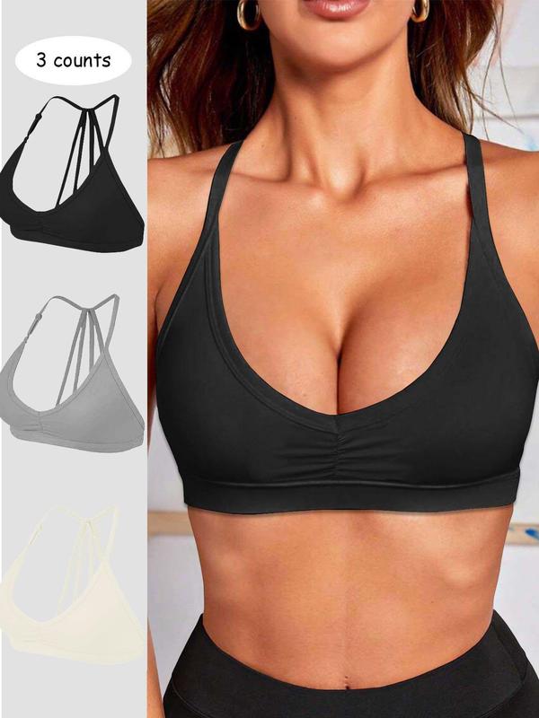 Women's Solid Ruched Backless Sports Bra, Removable Strap   Bra, Ladies Sportswear for Indoor Outdoor Wear