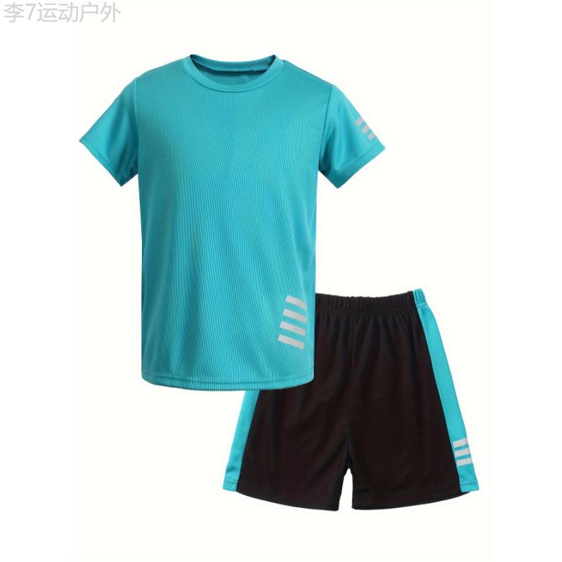 2pcs Boys Breathable Sports Jersey Outdoor Set, Casual Quick-drying Short Sleeve T-shirt&Shorts, Boys Basketball Football Clothing For Summer