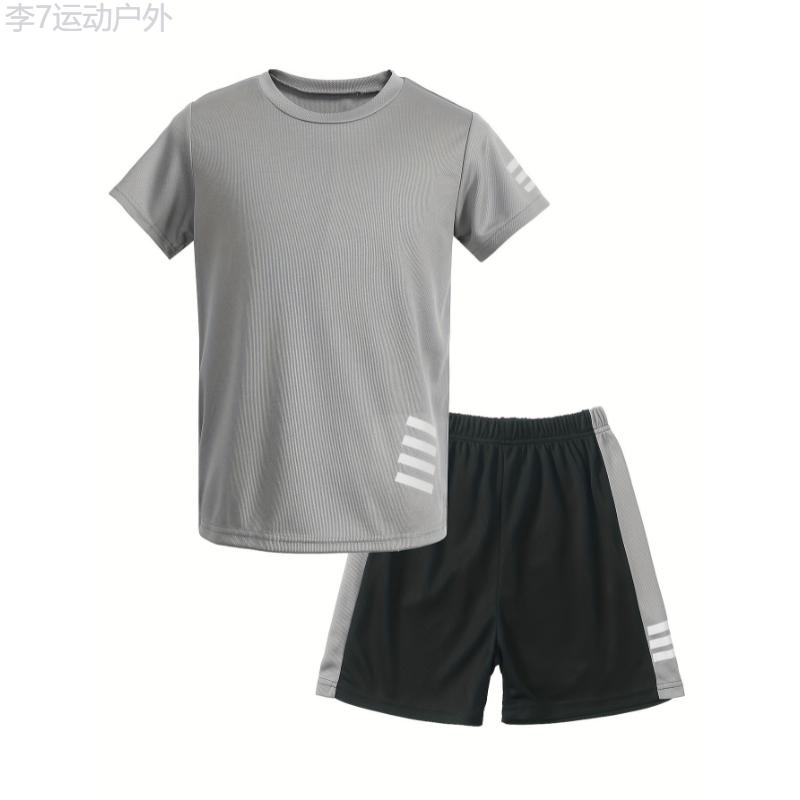 2pcs Boys Breathable Sports Jersey Outdoor Set, Casual Quick-drying Short Sleeve T-shirt&Shorts, Boys Basketball Football Clothing For Summer