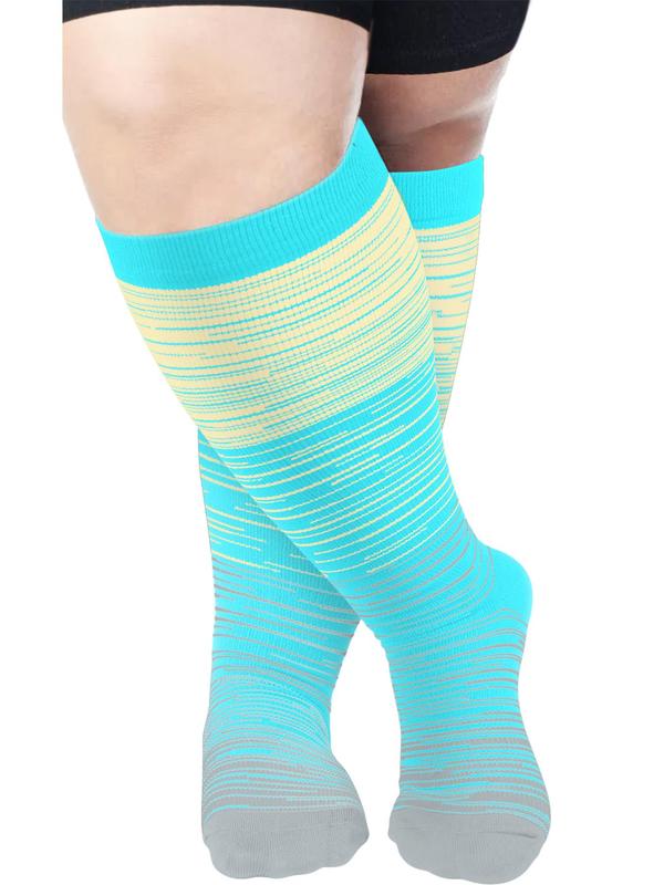 Plus Size 2 Pairs Striped Print Compression Over The Knee Socks, Athletic Running Socks, Soft Comfy Breathable Sports Socks for Women & Men