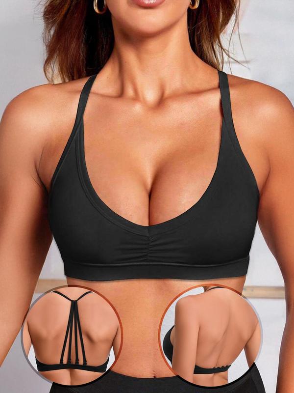 Women's Solid Ruched Backless Sports Bra, Removable Strap   Bra, Ladies Sportswear for Indoor Outdoor Wear