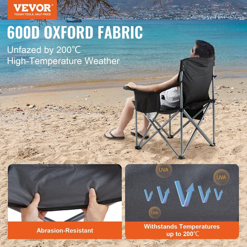 Camping Folding Chair, Portable Outdoor   Back Padded with Side Pockets, Cup Holder and Cooler Bag for Beach, Lawn, Picnic, Fishing, Black