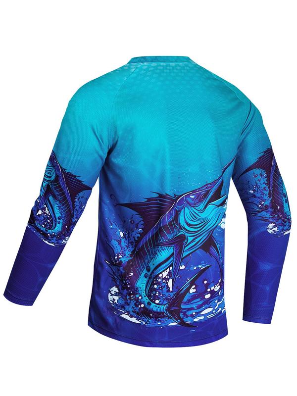 Men's Fish Print Round Neck Raglan Sleeve Sports Tee, Regular Fit Long Sleeve T-shirt for Men, Summer Outfits 2024, Summer Clothes