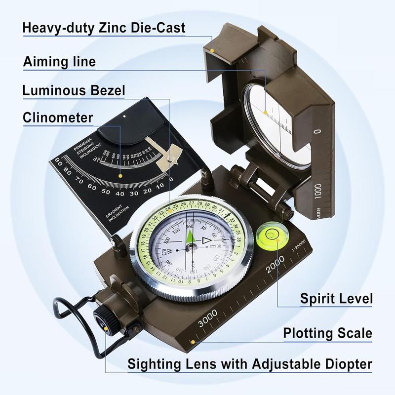 Multifunctional Military Compass with Inclinometer, Sighting, Optic, Resistant & Waterproof Compass, Essential for Hiking, Camping, Scouting