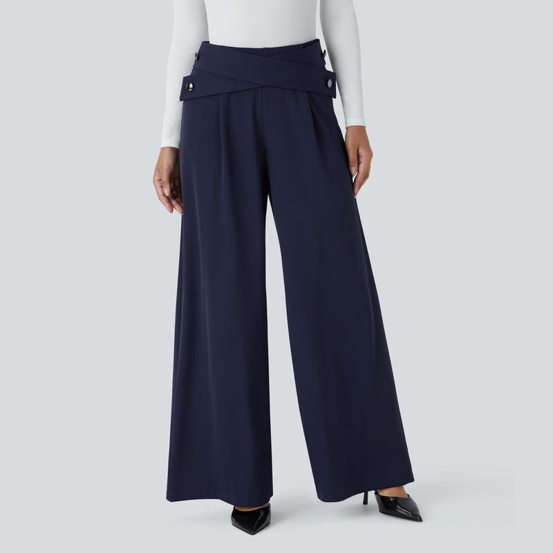 Halara High Waisted Crisscross Decorative Button Back Invisible Zipper Wide Leg Work Pants