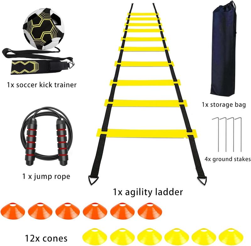 Soccer Agility Training Equipment Set, Soccer Accessories 20Ft Agility Ladder, 12 Cones, Solo Soccer Trainer, Jump Rope Speed Training Equipment Gifts for Boy