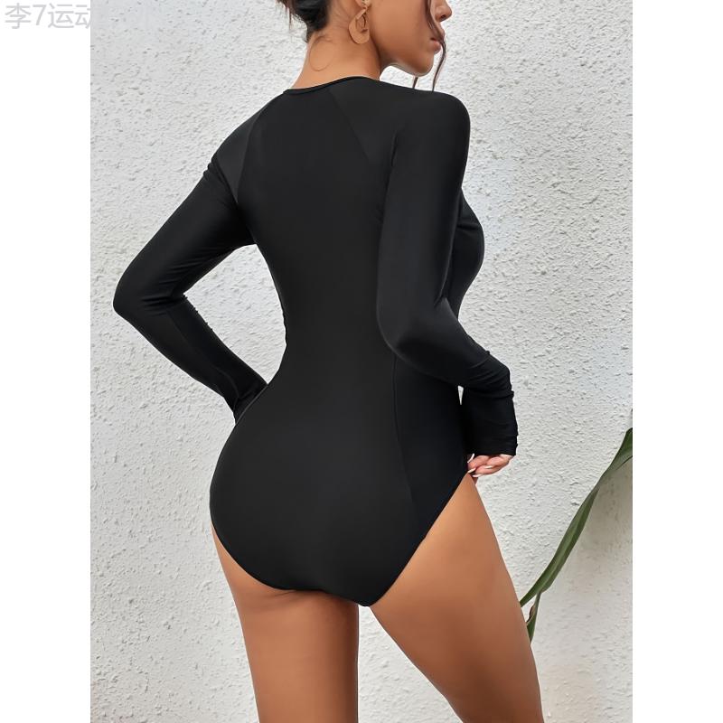 Solid Color Casual One-piece Swimsuit, Long Sleeves Half Zipper Surfing Water Sports Competitive Bathing Suit, Women's Swimwear & Clothing