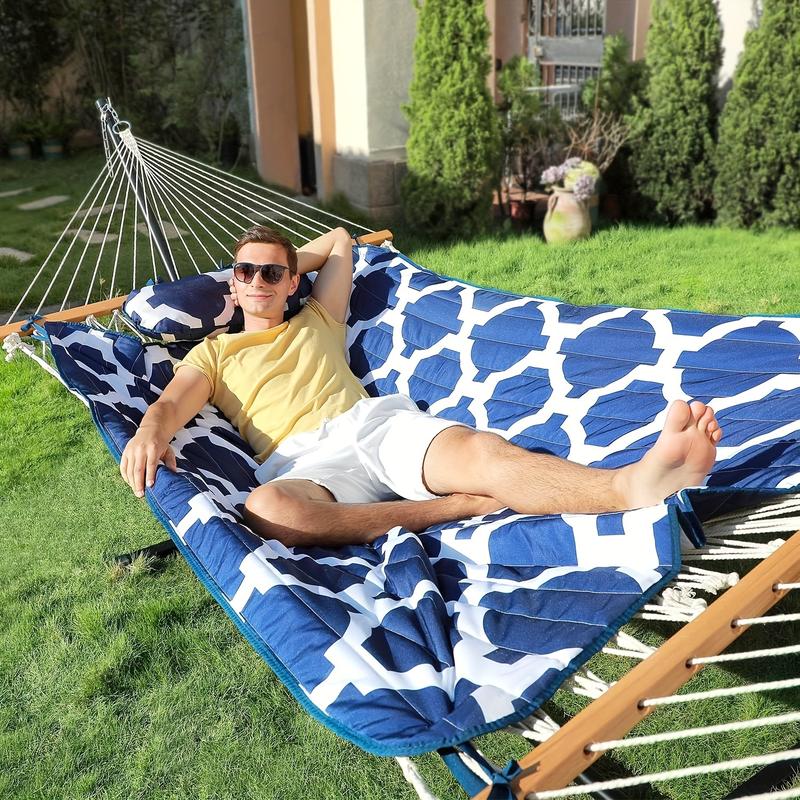 Double Outdoor Hammock With Stand, 2 Person Cotton Rope Hammock With Polyester Pad And Pillow For Backyard Porch Patio Garden