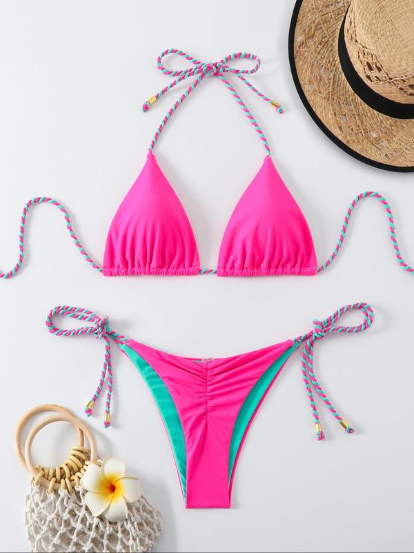 Two-Piece Set Women's Colorblock Ruched Tie Back Halter Bikinis Set, Casual Fashion Chic Triangle Swim Bra & Tie Side Swim Panty for Summer, Ladies Bathing Suits for Beach Holiday Vacation