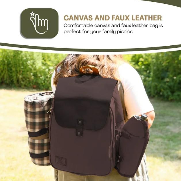 Canvas and Faux Leather Picnic Backpack for 4 with Insulated Basket, Blanket, Plates, and Cutlery Set