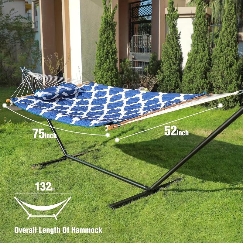 Double Outdoor Hammock With Stand, 2 Person Cotton Rope Hammock With Polyester Pad And Pillow For Backyard Porch Patio Garden